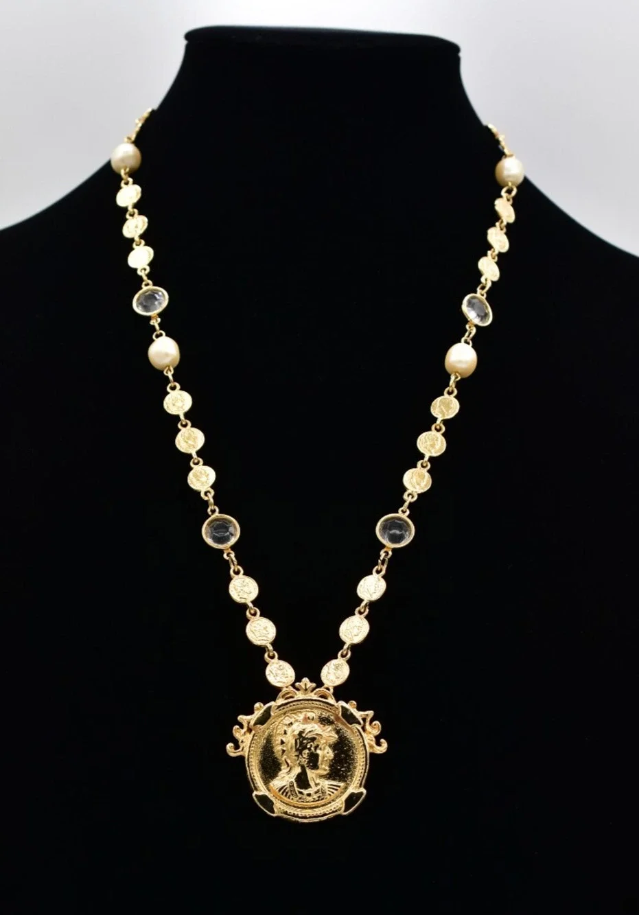 Vintage Open Bezel Crystal Coin Necklace Station Pearl Chain Gold 1980s BinBN